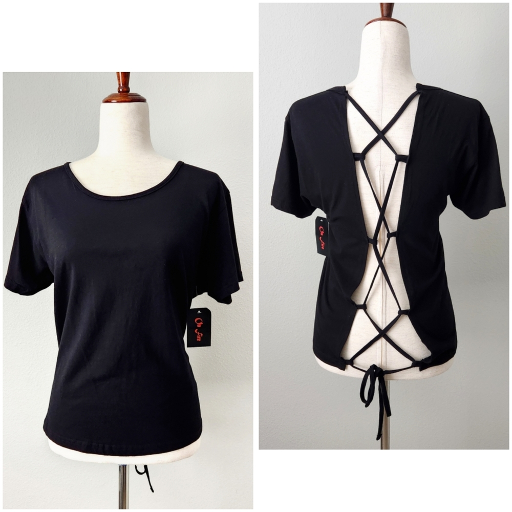 On Fire Black 100% Cotton Short Sleeve T-Shirt With Lace-Up Back, Size XL - Picture 2 of 16